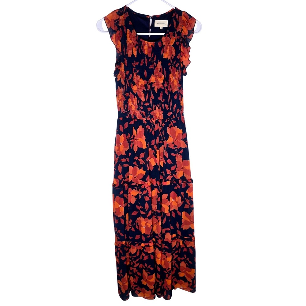 Melloday Maxi Dress Floral Smocked Navy Orange Ruffle Sleeve Womens Small